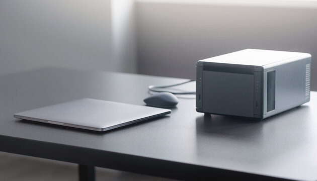ノートパソコンとNASを置いたデスク、データ保存とバックアップのイメージ