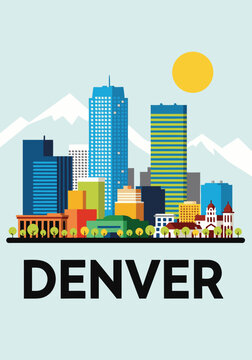 A stylized cityscape vector illustration featuring the mountain skyline of Denver, capturing an urban environment from a flat, colorful graphic viewpoint.