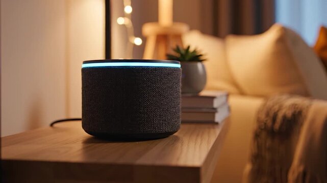 Smart speaker glowing on wooden nightstand in cozy bedroom.