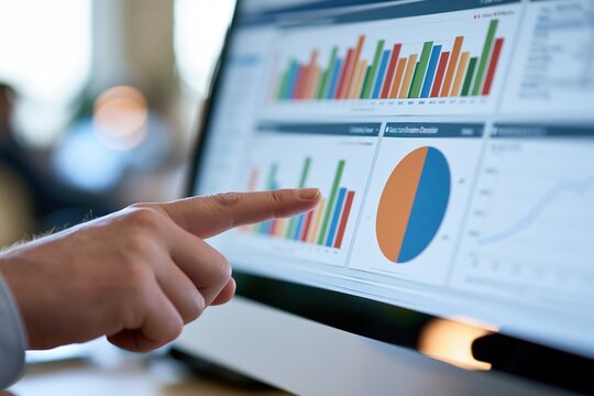 Hand pointing at colorful business charts on computer