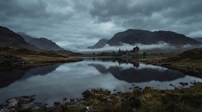 Serene Scottish Highland Loch with Ancient Stone Ruins on Distant Shore under Moody Dark Atmosphere in Pan Focal Deep Visual Divergence Presentation Background JPEG
