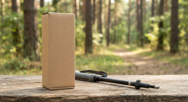Kraft Paper Box and Hiking Pole on Rustic Wooden Table in Forest