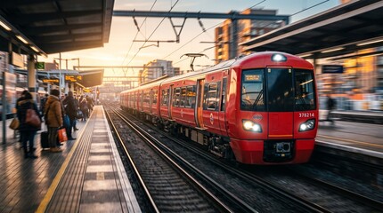 Fototapeta premium Red commuter train arriving at a modern railway station during golden hour, urban public transportation and travel concept