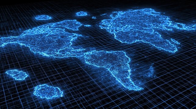 Glowing blue digital world map grid background
