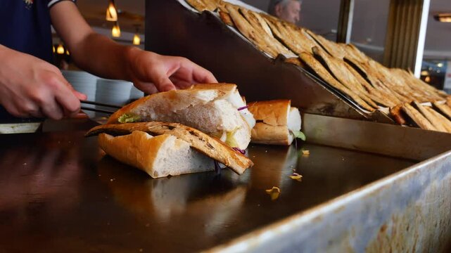 Chef prepares traditional turkish street food fish sandwiches on a hot griddle, dynamic footage of cooking process