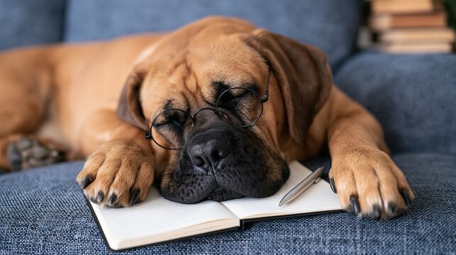 Sleeping dog wearing glasses on couch with notebook