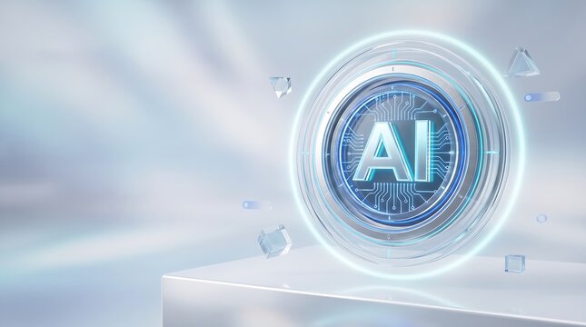 Advanced artificial intelligence concept featuring glowing circuit sphere and floating geometric shapes in minimalist laboratory setting