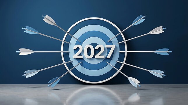 A 3D target with multiple arrows hitting the center and year 2027 concept