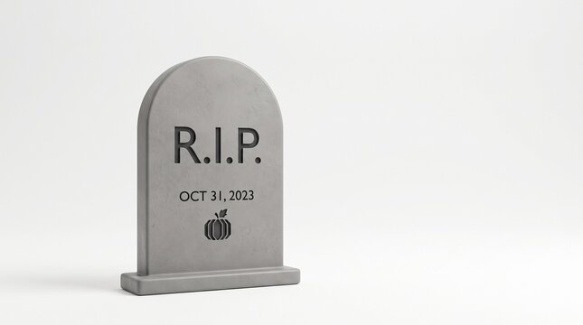 Grey RIP Tombstone with Halloween Date Isolated on White Background