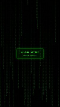 Vertical green matrix code rain with active uplink terminal screen