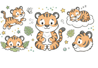 Obraz premium Cute Cartoon Baby Tiger Character Vector Clipart Bundle with Little Cubs Sleeping on Cloud Playing and Peeking from Tropical Leaves for Kids Nursery Sticker Designs