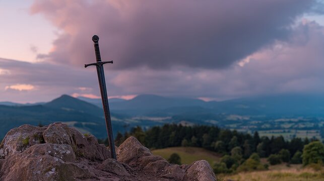 longsword. Medieval longsword plunged into a rocky mountain summit. event programs, museum guides, cultural reports, designed for cultural heritage projects and event programs, used by chefs.