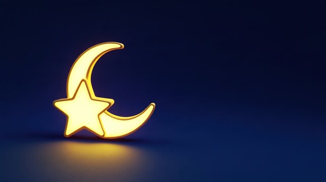 crescent. Minimalist crescent moon and star symbol glowing against deep blue. event programs, museum guides, designed for cultural heritage projects and event programs, used by web designers.