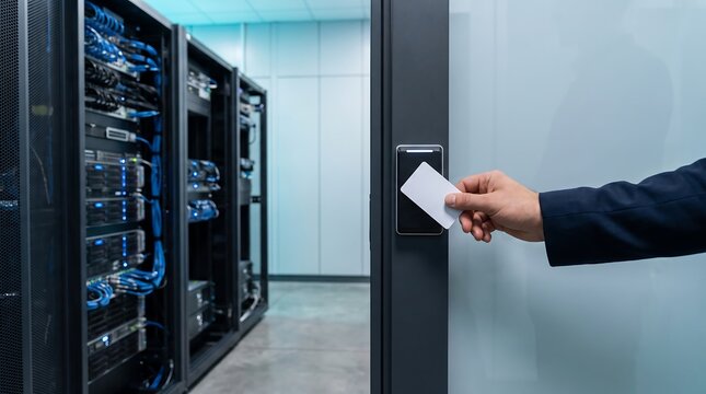 Technician reaching for server room door access control panel with security key card to enter restricted area of data center facility with blue server racks in soft focus background