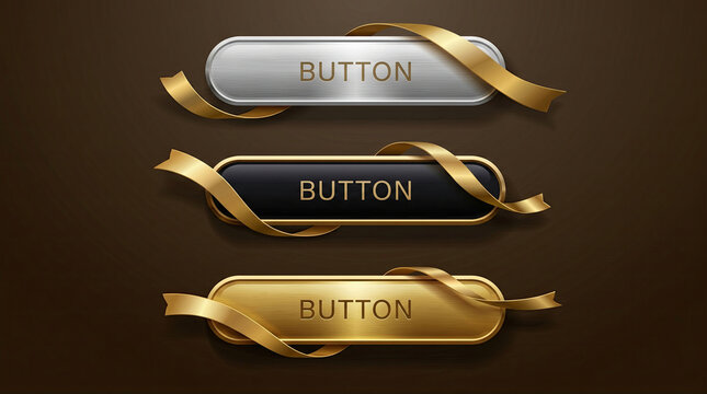 Luxury metallic web buttons wrapped with golden ribbons in silver black and gold finishes on dark background
