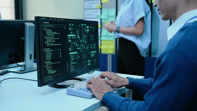 Two software developers collaborate on coding tasks at a computer in a modern tech office with a Kanban board. IT, business