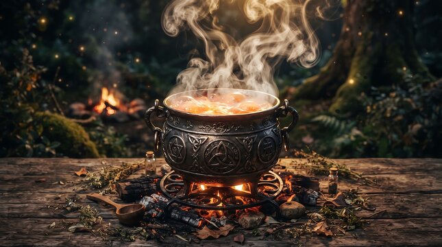 Ancient cauldron boiling mystical glowing liquid over open fire in dark forest setting with steam and embers