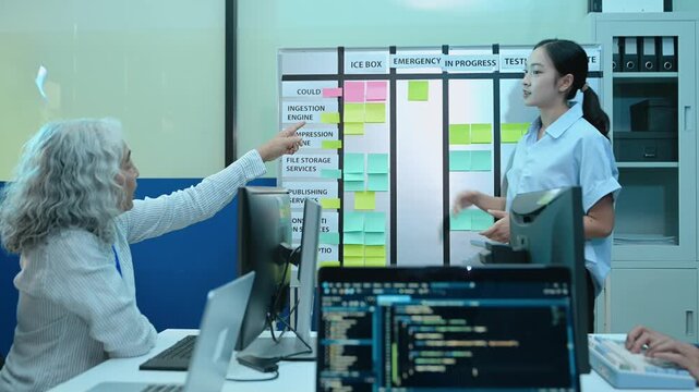 A diverse team of software developers collaborates on agile project management, brainstorming strategies at a kanban board in a modern tech office.