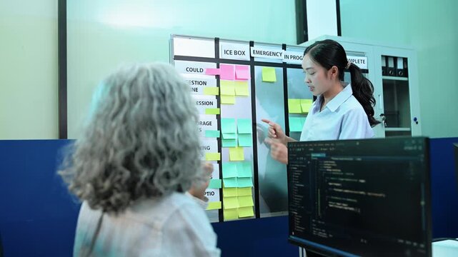 A diverse team of software developers collaborates on agile project management, brainstorming strategies at a kanban board in a modern tech office.