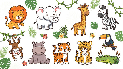 Obraz premium Cute Cartoon Safari and Jungle Animal Vector Clipart Collection Featuring Lion Elephant Giraffe Zebra Monkey Hippo Tiger Leopard Toucan and Crocodile for Kids Nursery Stickers 