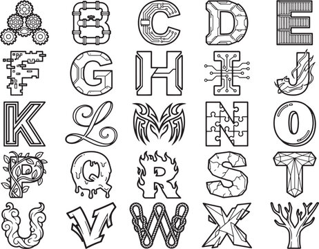 A collection of unique, stylized alphabet letters from A to Z, each designed with distinct artistic themes, showcasing a creative and imaginative typography.