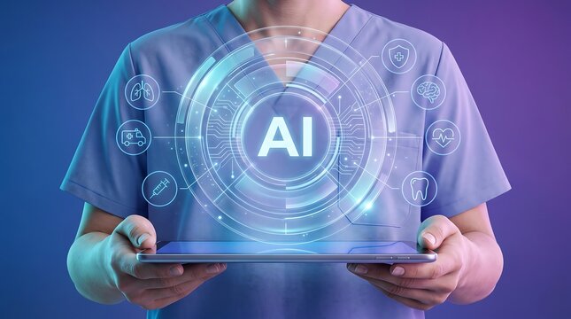 Medical professional holding tablet with digital artificial intelligence interface and healthcare icons for modern clinical diagnostics and smart hospital management systems in blue light
