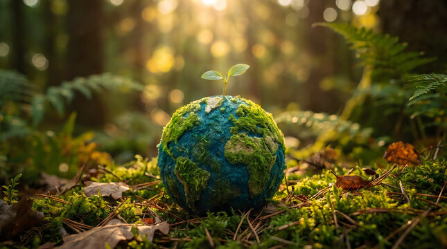 A small green planet earth model resting on mossy forest ground with a tiny sprout growing from it