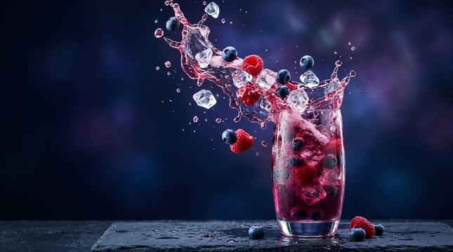 Dynamic splash of red berry iced tea with flying blueberries, raspberries and ice cubes from a tall glass on a dark slate board against a dark blue bokeh background.