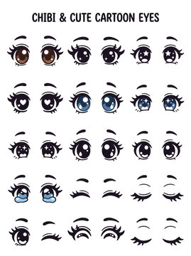 Set of cute cartoon chibi eyes with various expressions and emotions for character design anime expression drawing reference