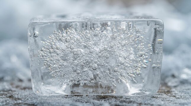Single Clear Ice Cube with Air Bubbles on Frosty Surface.