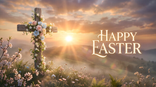 Beautiful floral cross standing on a hill at sunrise with the text happy easter written beside it