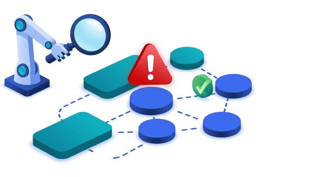 Robotic arm holding magnifying glass inspecting interconnected blue data nodes within digital network environment shown in an isometric view on clean white background