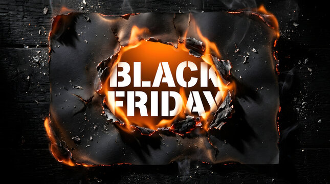 Black friday text burning on dark charred paper for aggressive marketing and explosive retail sales.