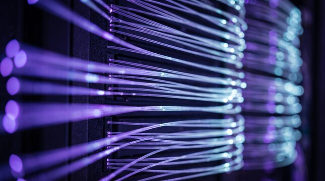 Fiber optic cables glowing with vibrant purple and blue light connected to a high performance server rack in data centers