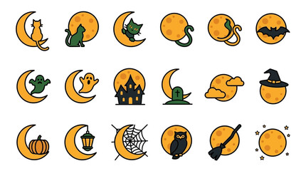 Fototapeta premium Halloween vector illustration featuring a minimalist outline of a black cat silhouette sitting on a crescent moon, decorative spooky holiday graphic element for cards and designs.