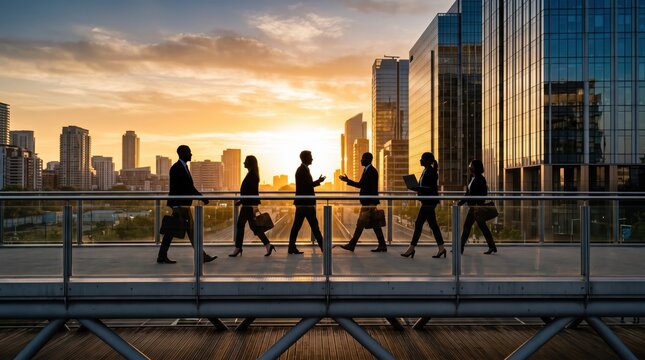 Silhouettes of business people walking on bridge against city skyline at sunset, corporate teamwork and urban professional lifestyle concept during golden hour
