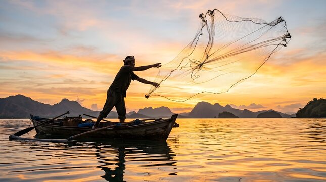 Traditional Asian fisherman casting net from wooden boat into calm sea during golden sunset