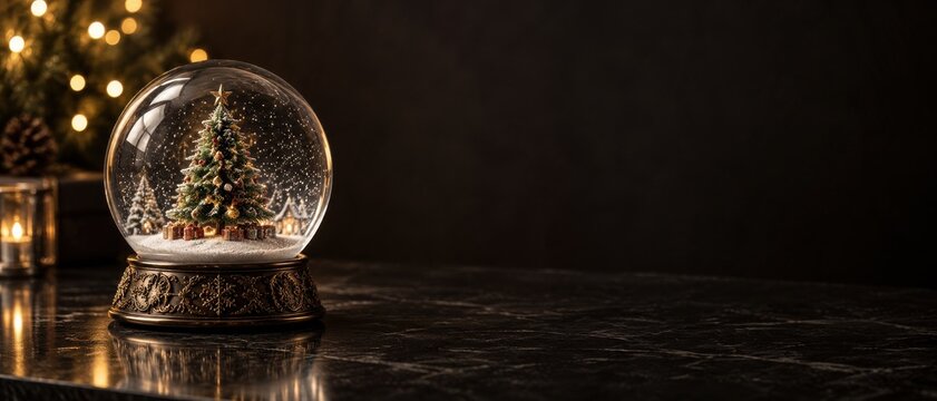 Festive snow globe with christmas tree and warm lights