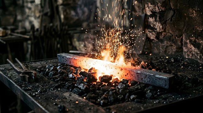 Glowing red hot metal bar heated in a traditional blacksmith forge with bright sparks flying over burning coals in a dark smithy workshop, concept of craftsmanship, metalworking and industrial art.