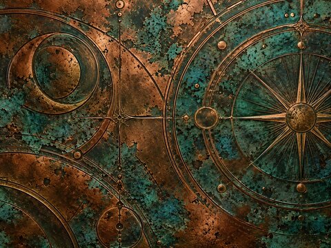 Abstract celestial map with copper and teal oxidized metal texture background