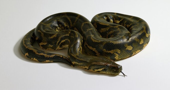 Green and brown python coiled on white background