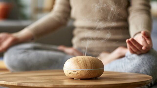 Wooden essential oil diffuser emitting mist during meditation