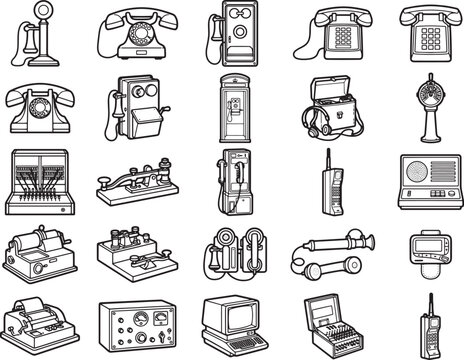 A collection of vintage and modern communication devices, showcasing the evolution of telecommunication technology from early telephones to computers.