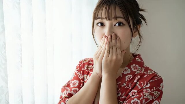 浴衣姿で驚いた表情を見せる若い女性
