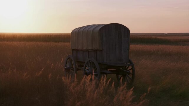 Vintage covered wagon standing in a vast golden prairie field at sunset