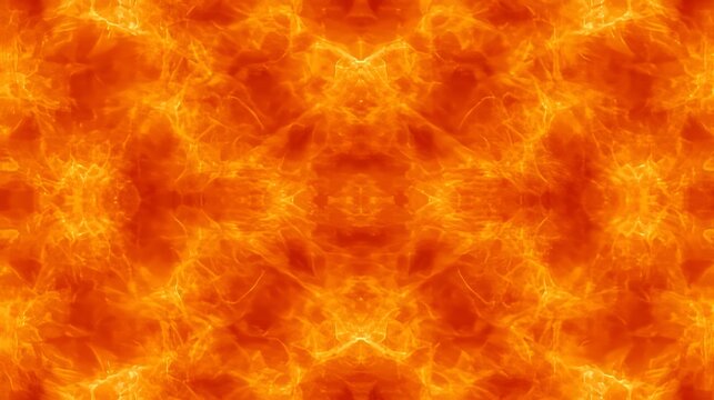 Fiery orange energy texture with mirror symmetry, glowing plasma and swirling flames creating a dramatic abstract fantasy background for infernal, mystical, cosmic and powerful visual concepts