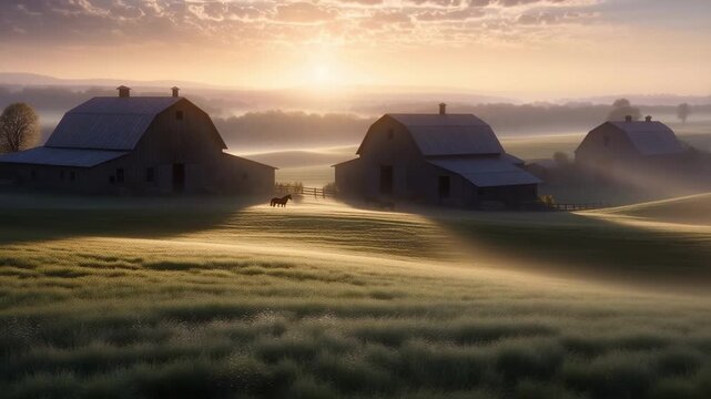 Serene farmscape with silhouetted barns and grazing horses at golden sunrise morning light