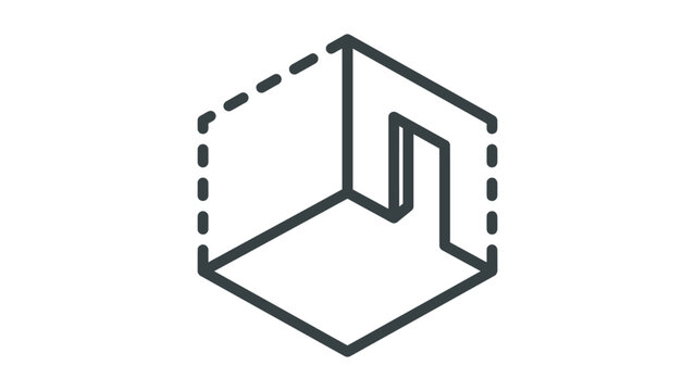 Minimalist isometric vector illustration of a simple room interior showing dashed wall outlines and a single open rectangular doorway icon