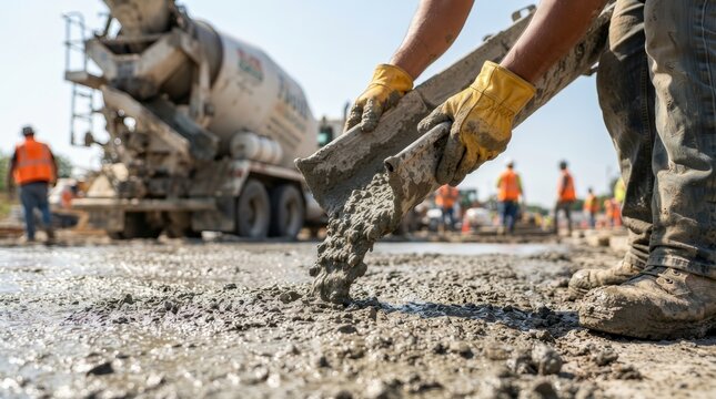 Industrial workers pouring liquid concrete with a mixer truck in the background.