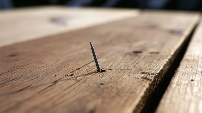 Sharp nail sticking out of a wooden board, creating a dangerous hazard for anyone who steps on it and illustrating construction safety, injury prevention, repair work and workplace risks